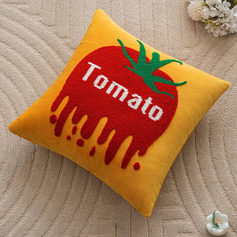 Ins Letter Fruit Embroidered Cushion Cover | 45×45cm Nordic Velvet Pillowcase | Handmade Home Decor