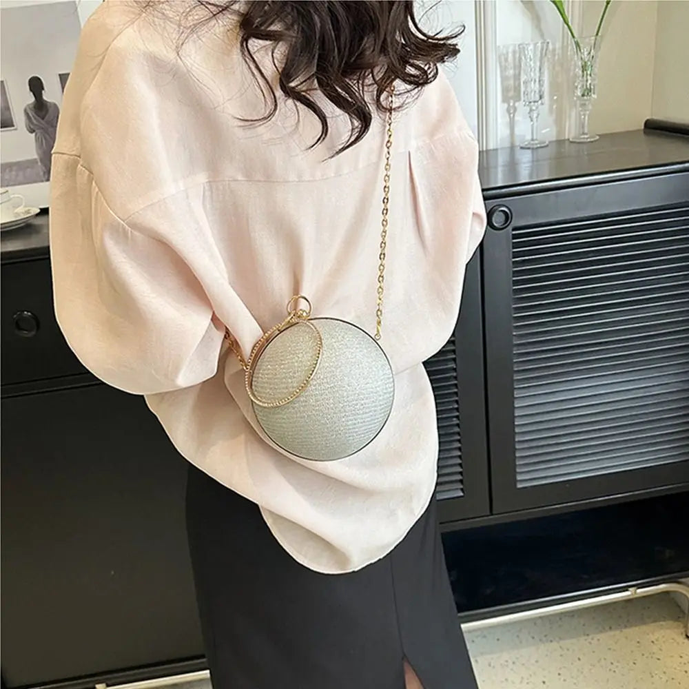Gold Bright Silk Circular Evening Bag Women Banquet Clutch Rhinestone Decor Chain Shoulder Bags Luxury Female Party Handbags