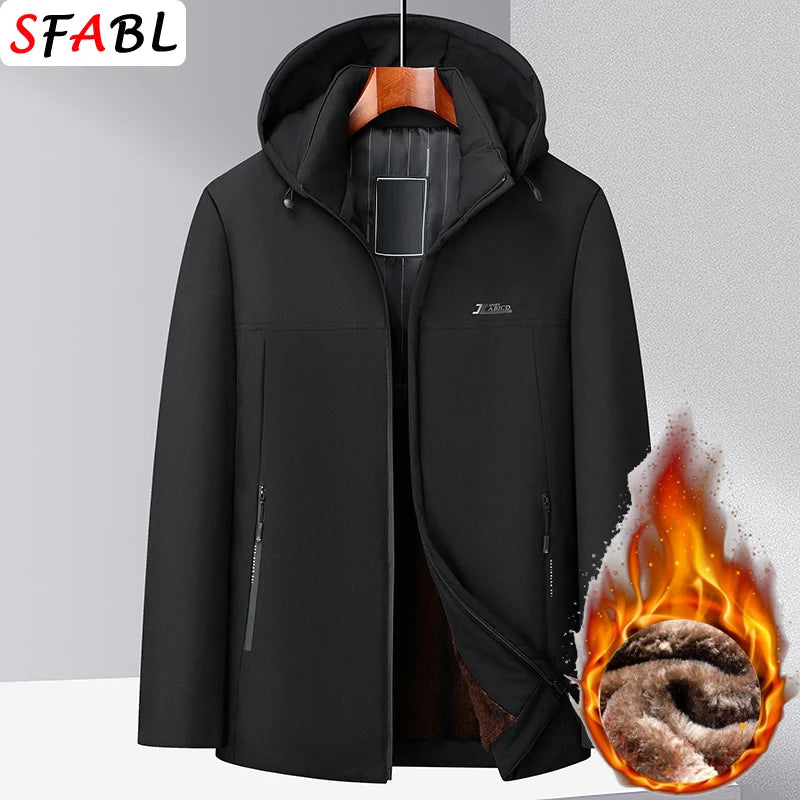 Men's Hooded Fleece-Lined Winter Parka – Korean Style Zip Jacket with Pockets