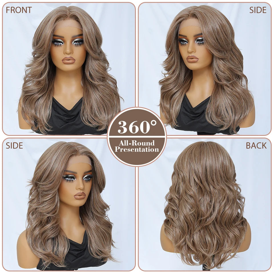 Ombre Brown Blonde Synthetic Body Wave Lace Front Wig 13x5x1 For Black Women 18“ T Part Wavy Layered Cosplay Wig with Baby Hair