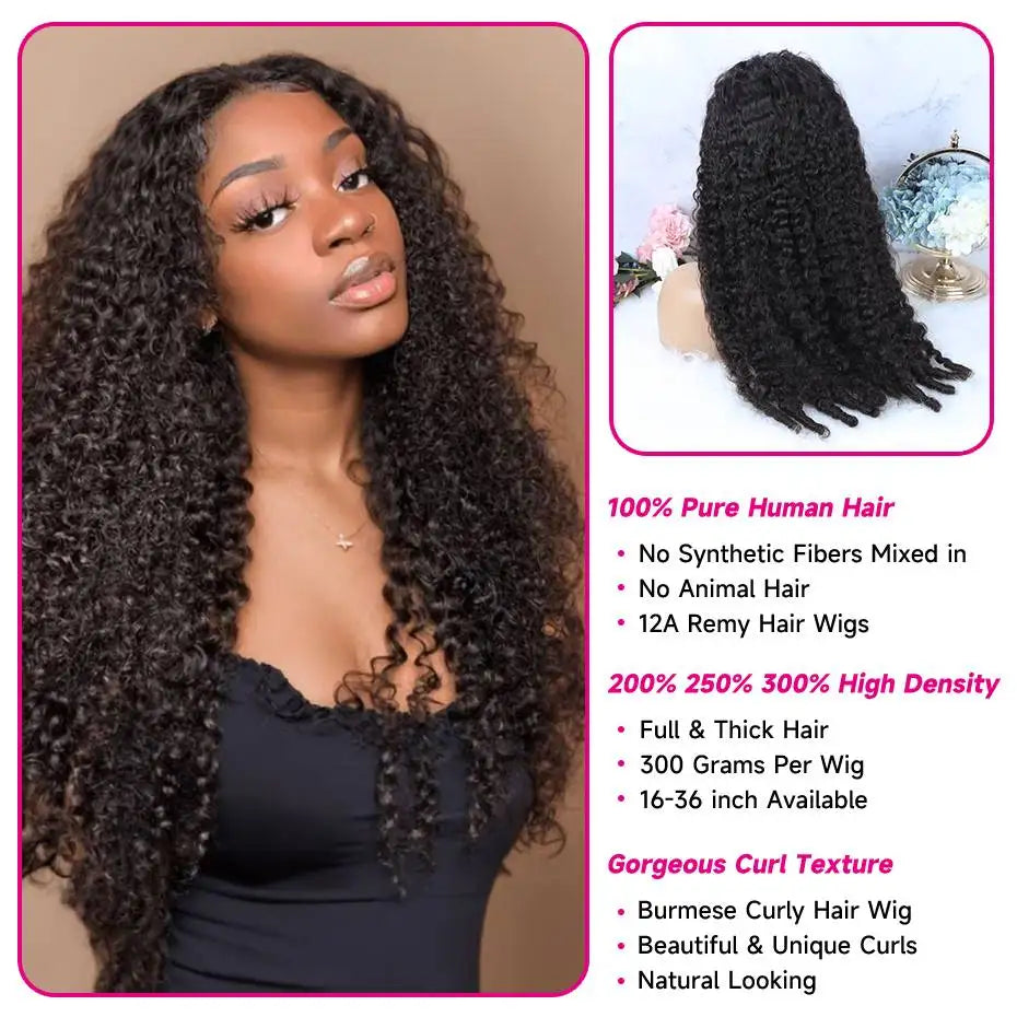 300% Density 30 36 Inch 13x4 13x6 Hd Full Lace Frontal Wig Raw Burmese Curly Lace Front Wig With Spiral End Loose Deep Wave Wigs