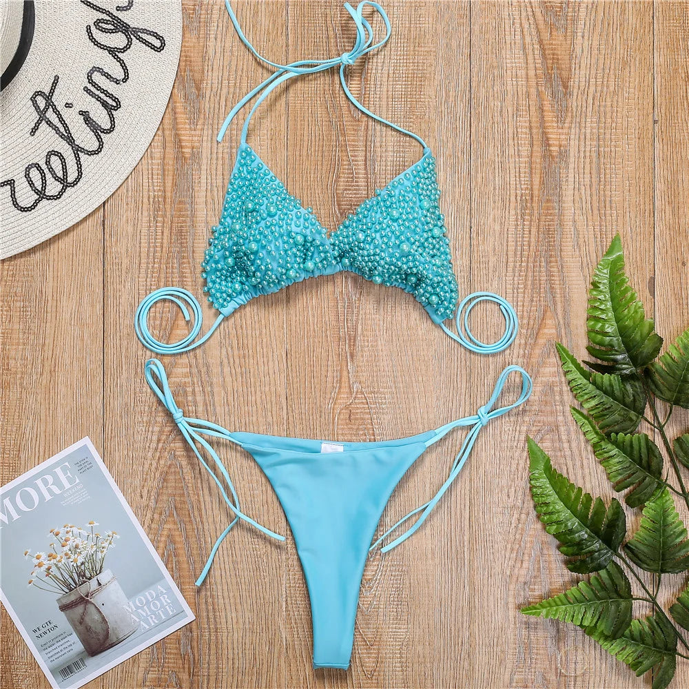 Pearl Bikini String Thong Swimsuit – Y2K Kawaii Two-Piece Swimwear