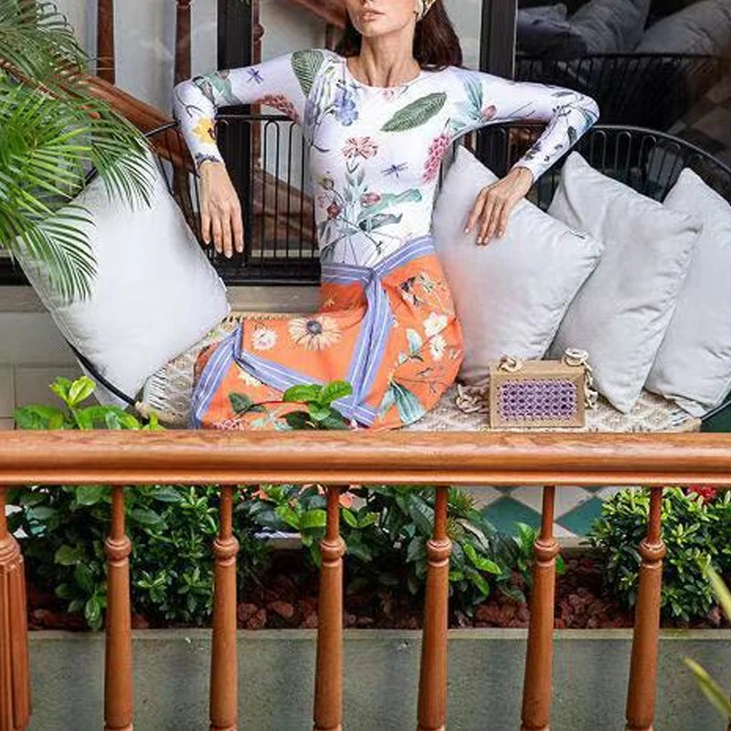 2025 New Pattern Printed Bathing Bikini Dresses Casual O Neck Long Sleeved Slim Fit Beachwear Summer Bohemian Lace Up Swimsuit