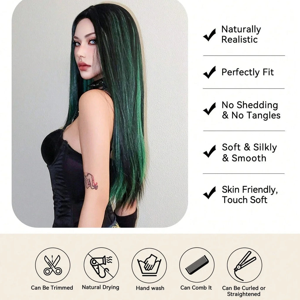EASIHAIR Black With Green Cosplay Synthetic Wigs for Women Long Straight Middle Part Wig Natural Hair Party Daily Heat Resistant