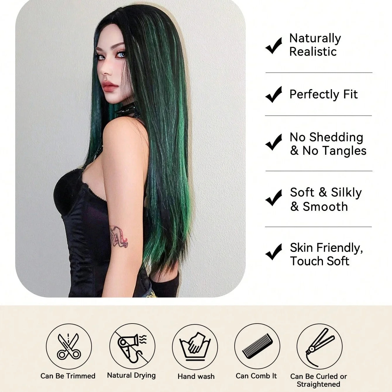 EASIHAIR Black With Green Cosplay Synthetic Wigs for Women Long Straight Middle Part Wig Natural Hair Party Daily Heat Resistant