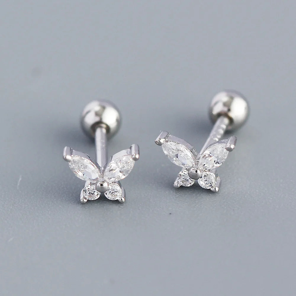 PONYKISS Silver Color Zircon Butterfly Bead Stud Earrings for Women Cute Fashion Jewelry Insect Accessories