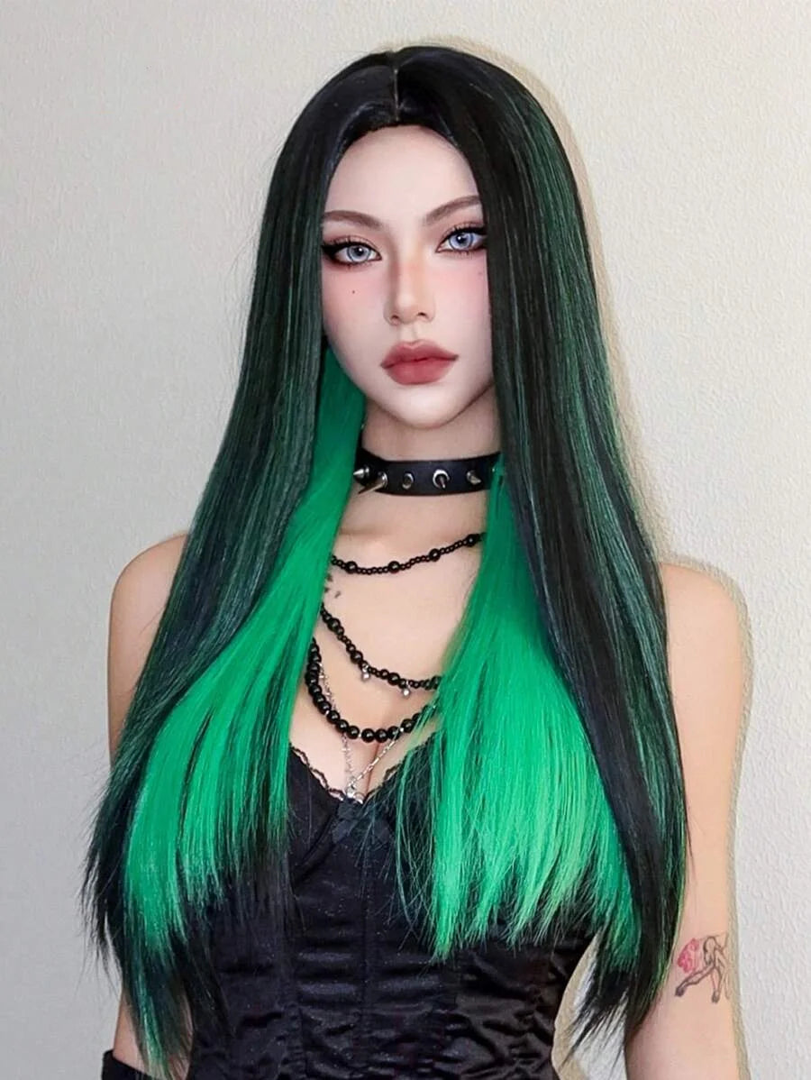 EASIHAIR Black With Green Cosplay Synthetic Wigs for Women Long Straight Middle Part Wig Natural Hair Party Daily Heat Resistant