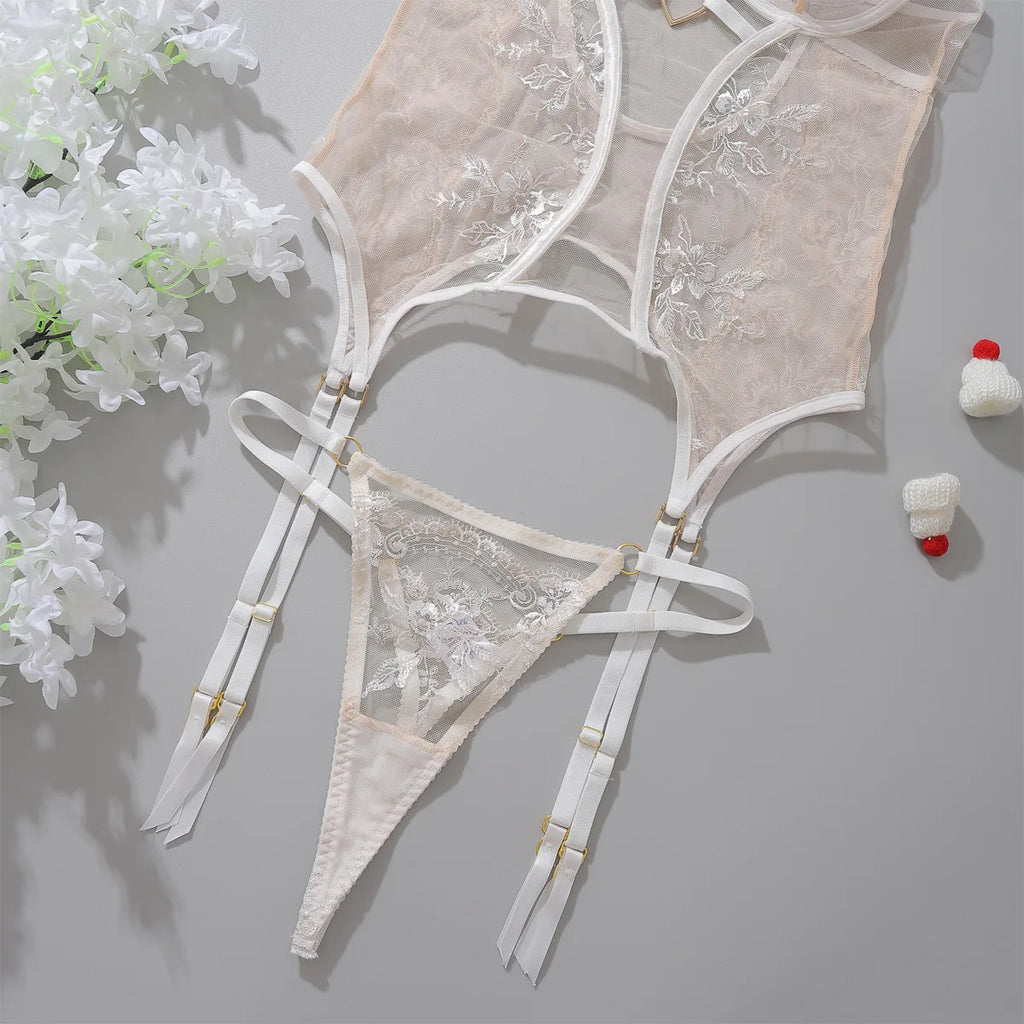 Embroidered Floral Lace Bodysuit Lingerie Set – Sexy Bra & Brief Underwear