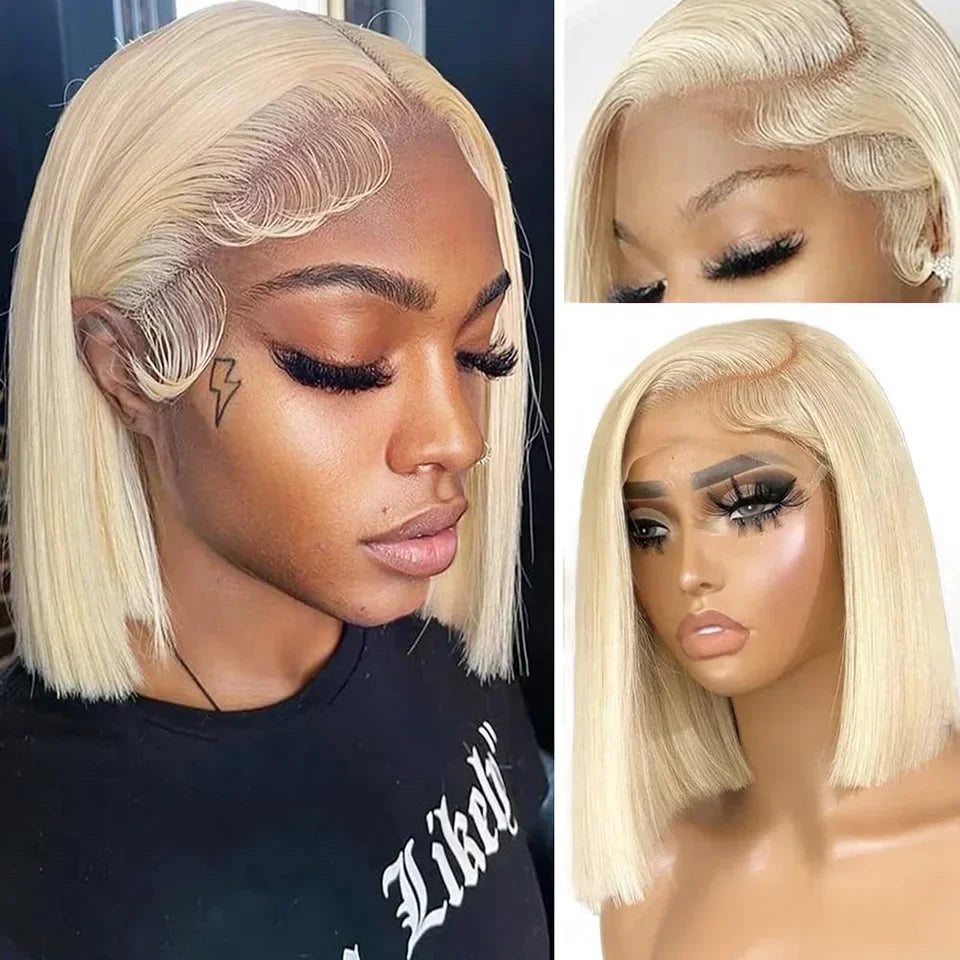 13x4 HD Short Ombre Blonde Wig Straight Bob Lace Front Wig Pre Plucked Synthetic Short Lace Frontal Wig Glueless Daily Cosplay