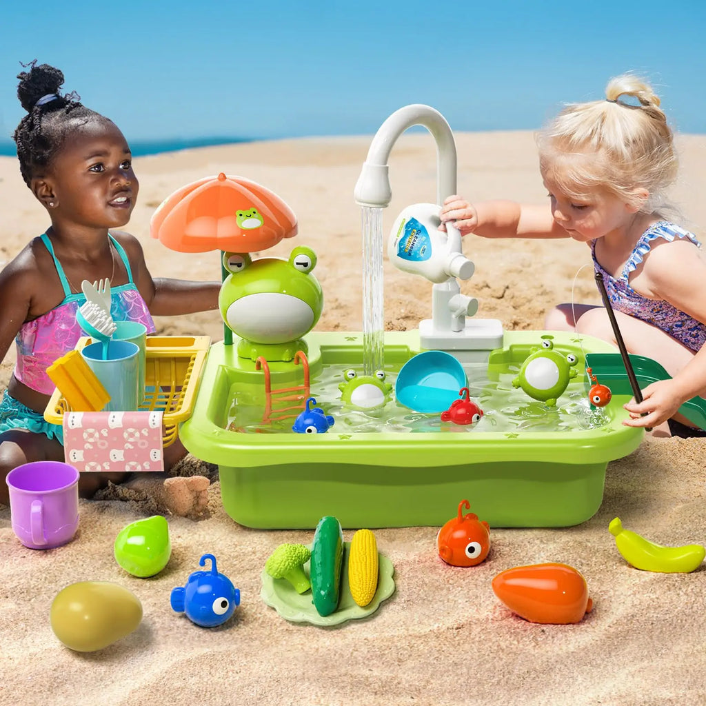 Kids Electric Kitchen Sink Toy – Pretend Play Dishwasher with Running Water & Fishing Game for Girls