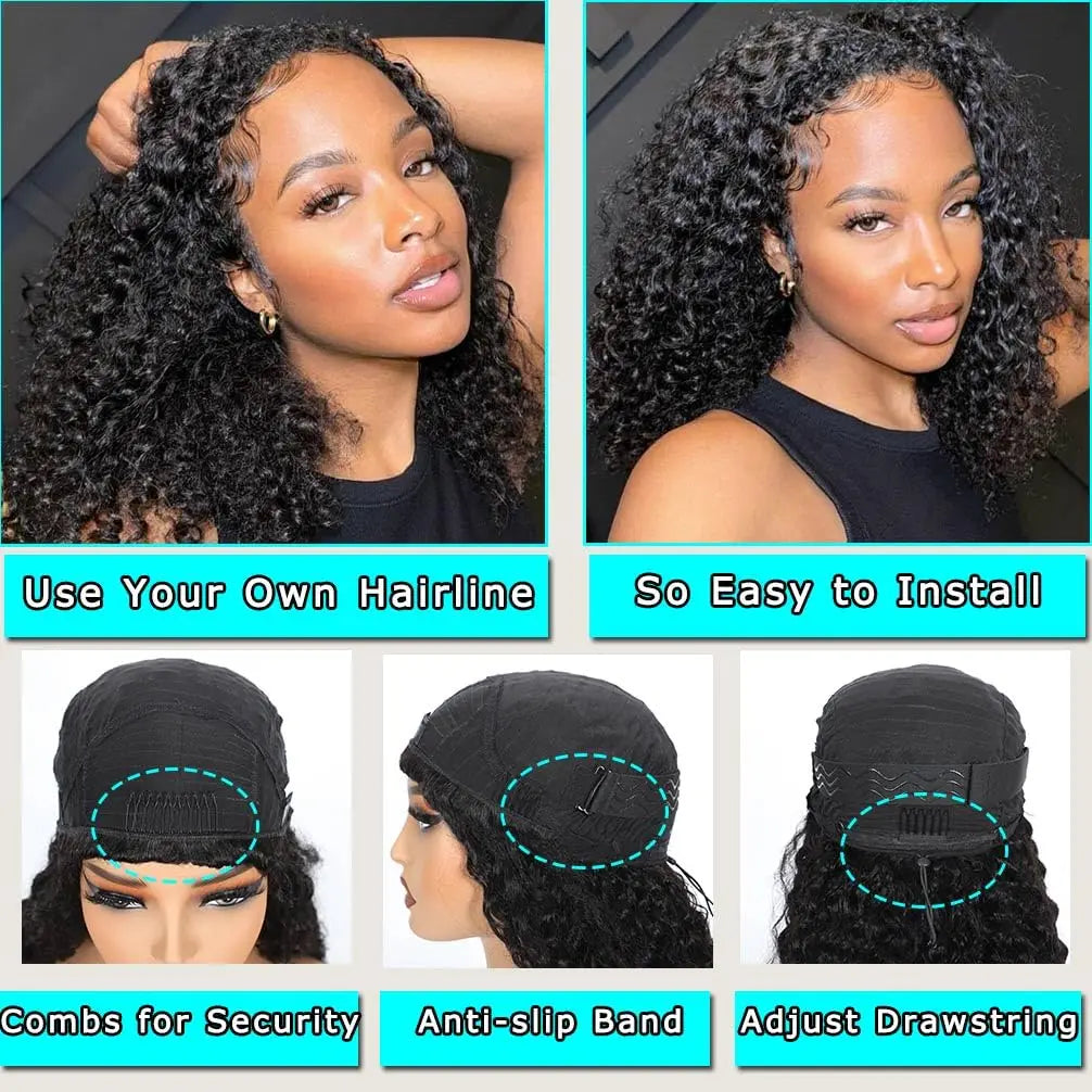 250% Density Deep Curly Half Wigs Human Hair Water Wave Wig Upgrade 3 IN 1 Half Wig With Drawstring Seamless Clip Ins Flip Over
