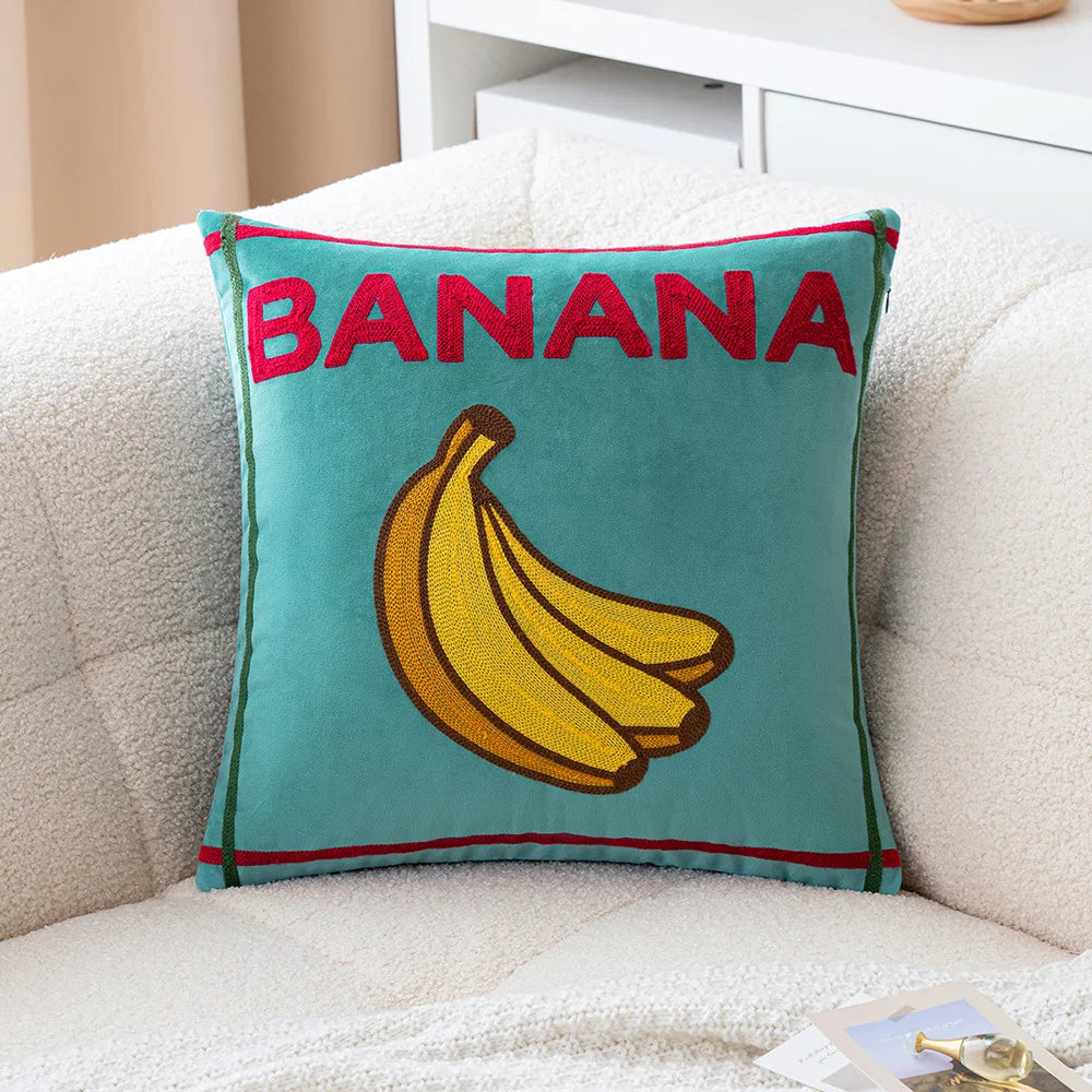 Ins Letter Fruit Embroidered Cushion Cover | 45×45cm Nordic Velvet Pillowcase | Handmade Home Decor