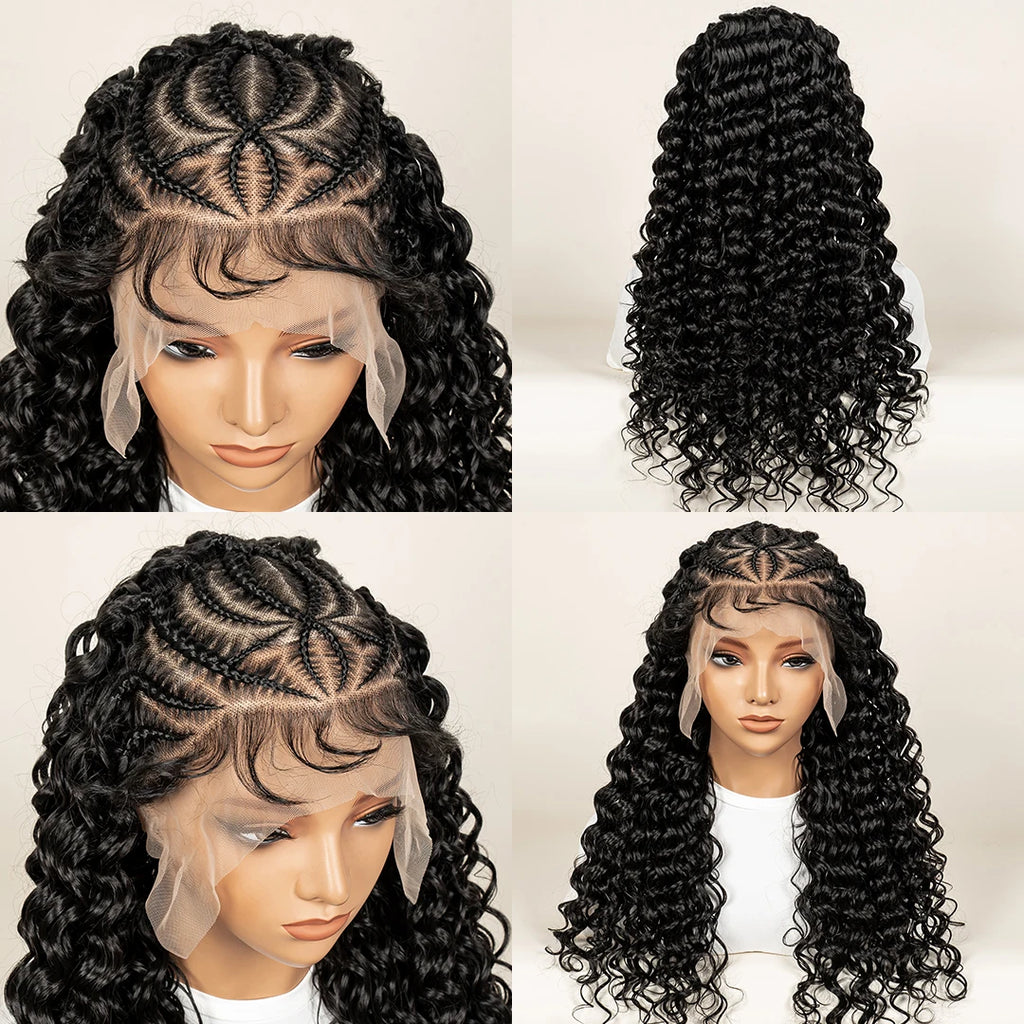 Pre-Styled Deep Wave Braided Wig | Swiss Lace | Baby Hair | Half Cornrow | Women's Braid Wig
