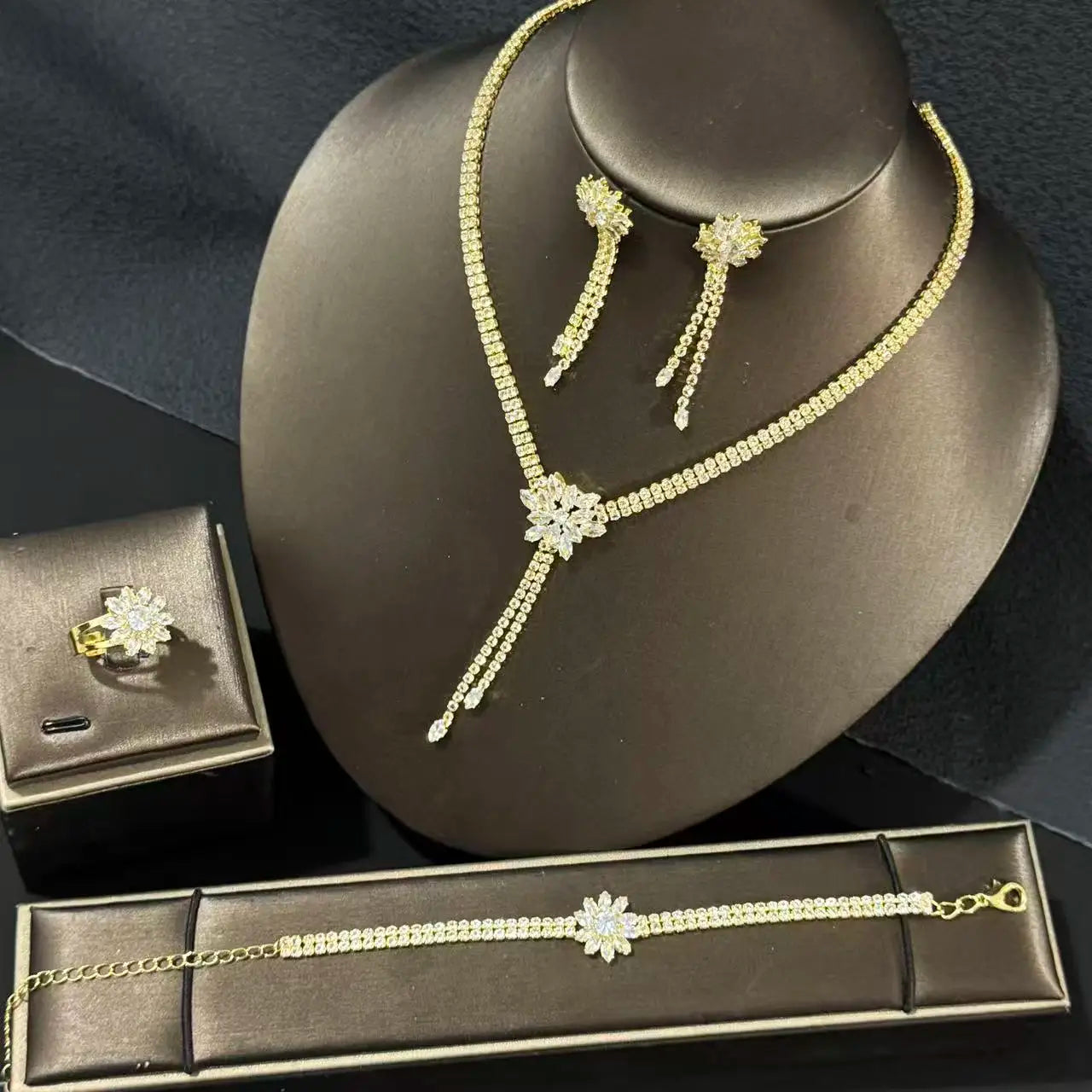 European & American 5-Piece Wedding Jewelry Set – Necklace, Earrings, Bracelet & Ring