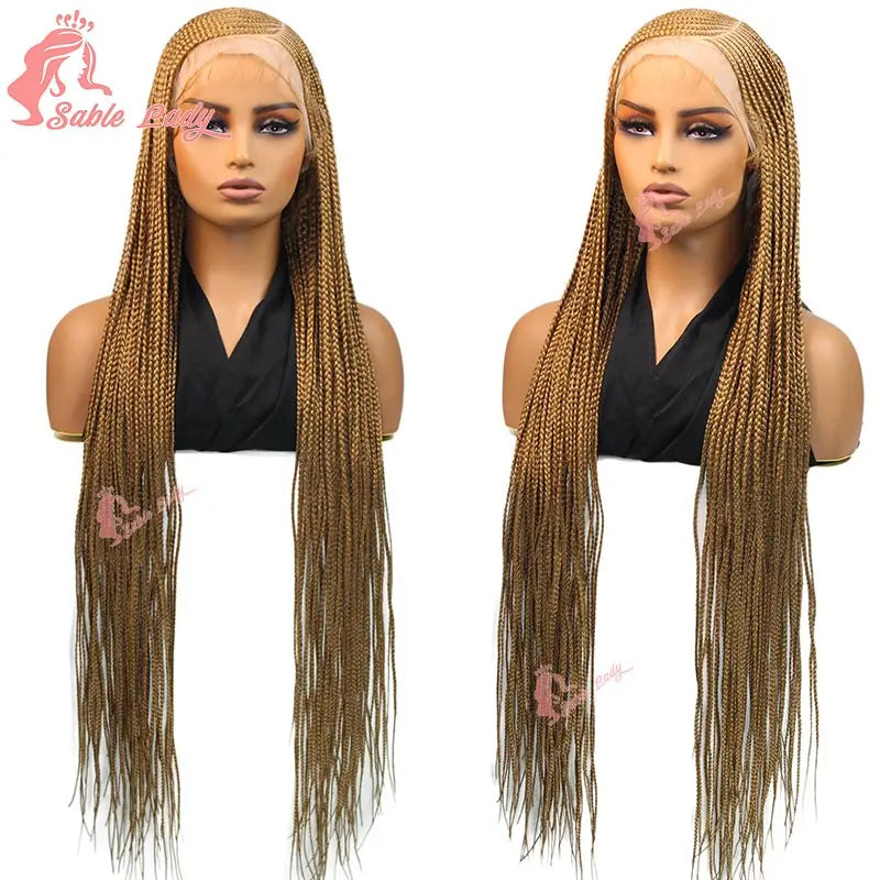 36" Full Lace Cornrow Braided Wigs Synthetic Burgundy Red Knotless Box Braids Wig Godness Side Part Braided Wigs for Black Women