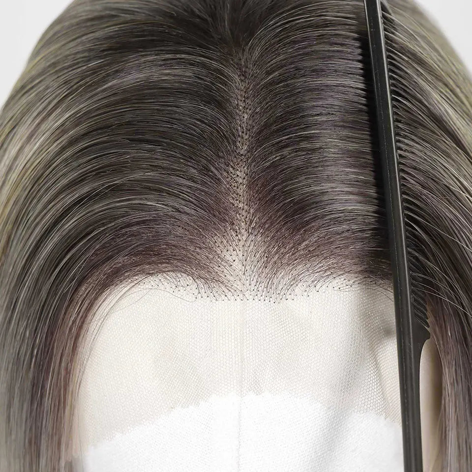 Ombre Blonde Highlight Short Bob Wigs Dark Roots Synthetic 13x4 Lace Front Brown Blonde Wig For Women Daily Use 150Density 12"