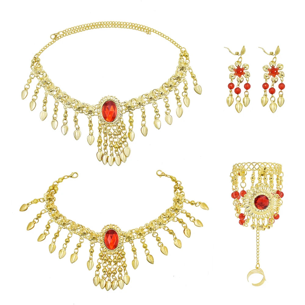 Indian Belly Dance Jewelry Set – Crystal Bell Tassel Necklace, Earrings, Bracelet & Hair Accessories