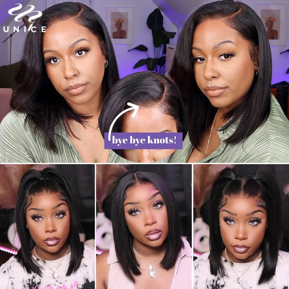 UNice Hair 7x5 & 13x4 Light Yaki Straight Bob Wig With Drawstring 100% Human Hair Short Bob Wigs 150% Density