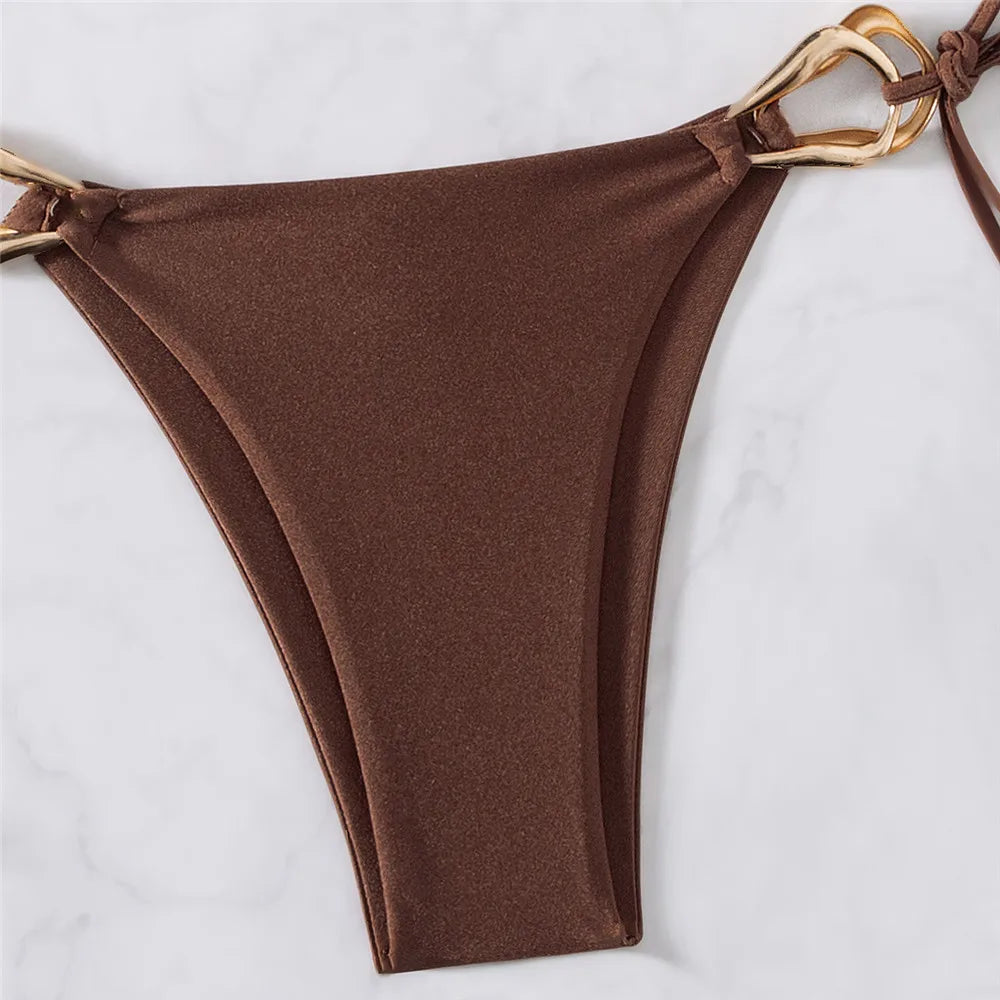 Brown Shiny Halter String Micro Bikini Thong Sexy Swimsuit Women Metal Ring Swimwear 2026 Mini Biquini Bathing Suit Bikinis Sets
