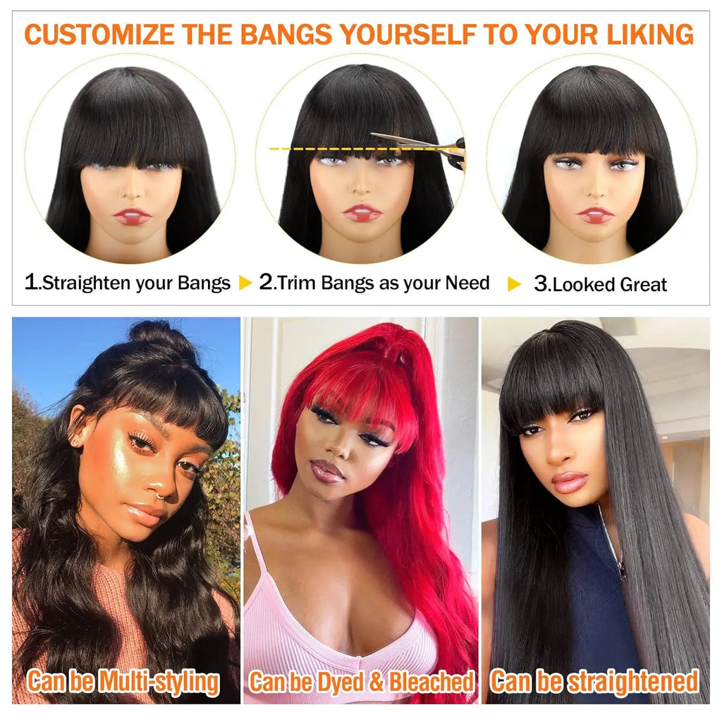 Human Hair Wigs with Bangs 36 Inches Full Machine Made Hair Glueless Wig With Drawstring Body Wave Glueless Wig Human Hair