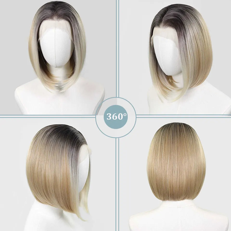 Ombre Blonde Highlight Short Bob Wigs Dark Roots Synthetic 13x4 Lace Front Brown Blonde Wig For Women Daily Use 150Density 12"