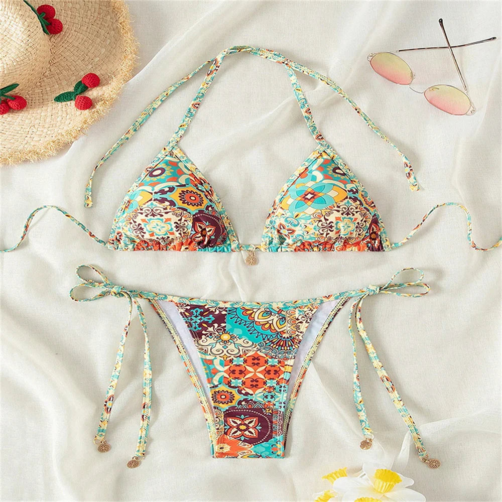 Boho Print Halter String Lace-Up Bikini – Women's Y2K Vacation Swimsuit