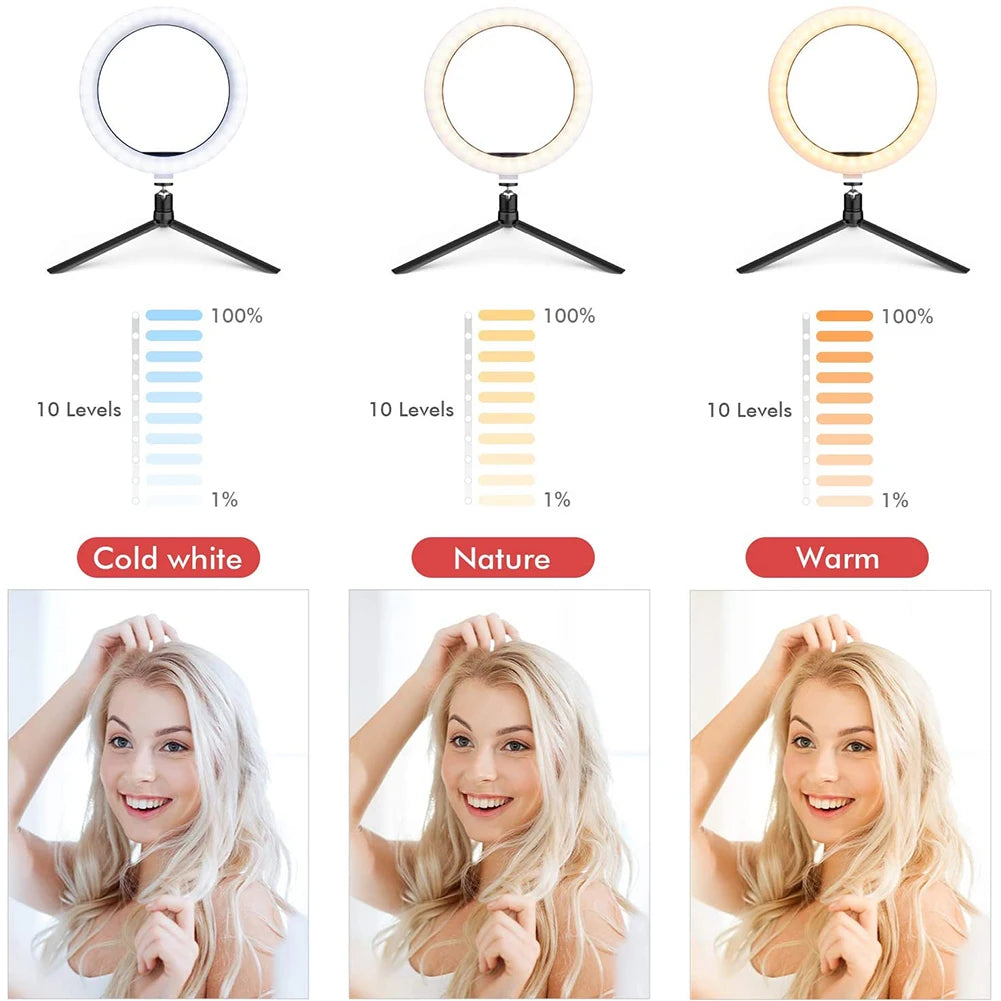 LED Selfie Ring Light 3 modes Dimmable Photography Lamp with 50cm Tripod Remote control For Phone Video Live Makeup Fill Light