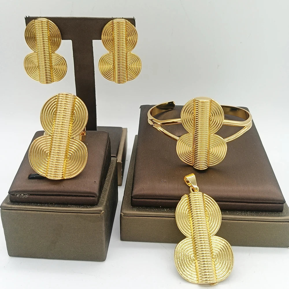 African Map Bridal Jewelry Set – 4-Set Luxury Gold Pendant Earrings, Bangles & Ring for Weddings