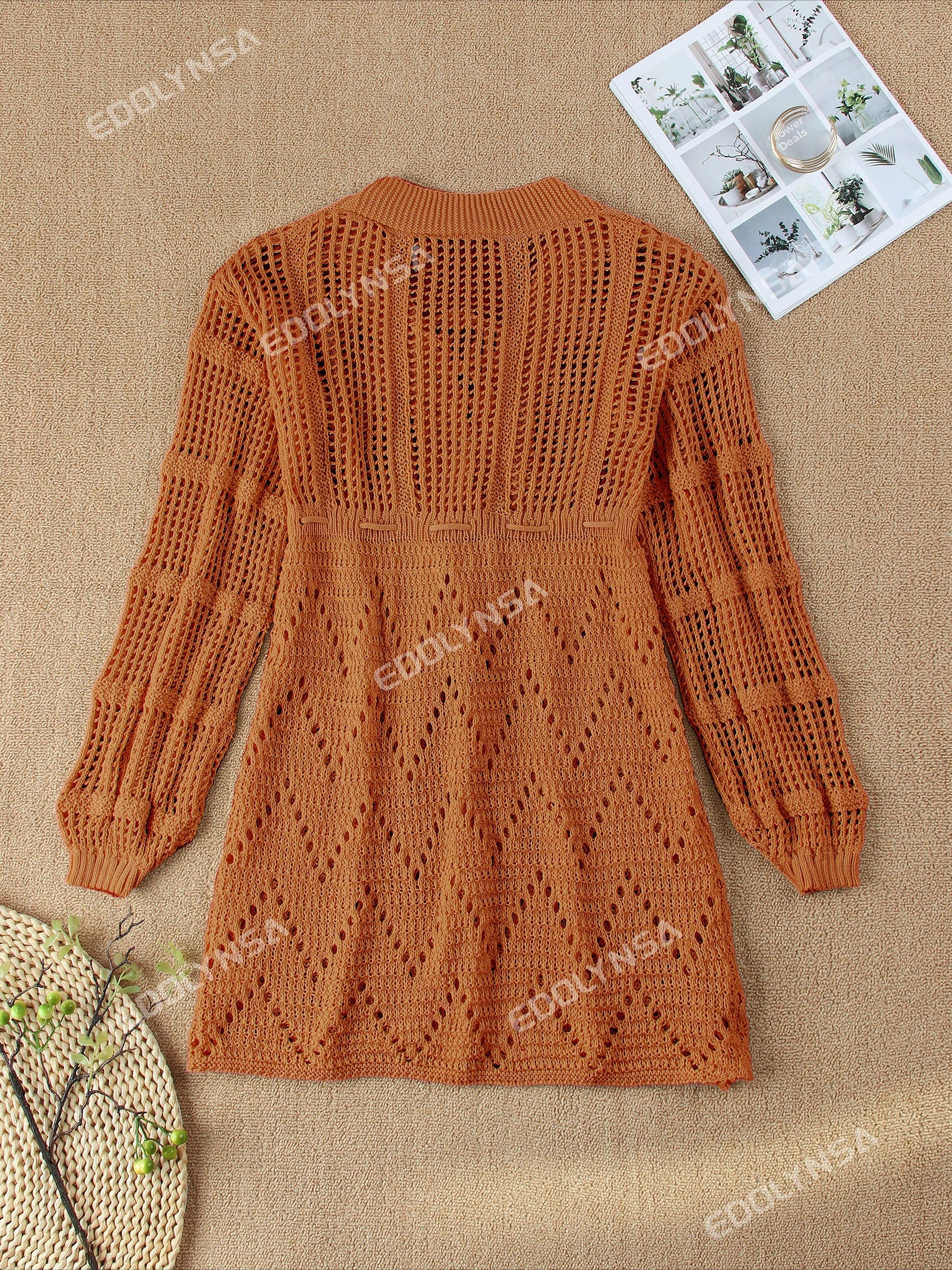 Sexy Deep V-neck Lace-up Bell Sleeve Knit Mesh Hollow Out Beach Mini Dress 2026 Summer Swimsuit Cover Up Women Casual Tunic K14