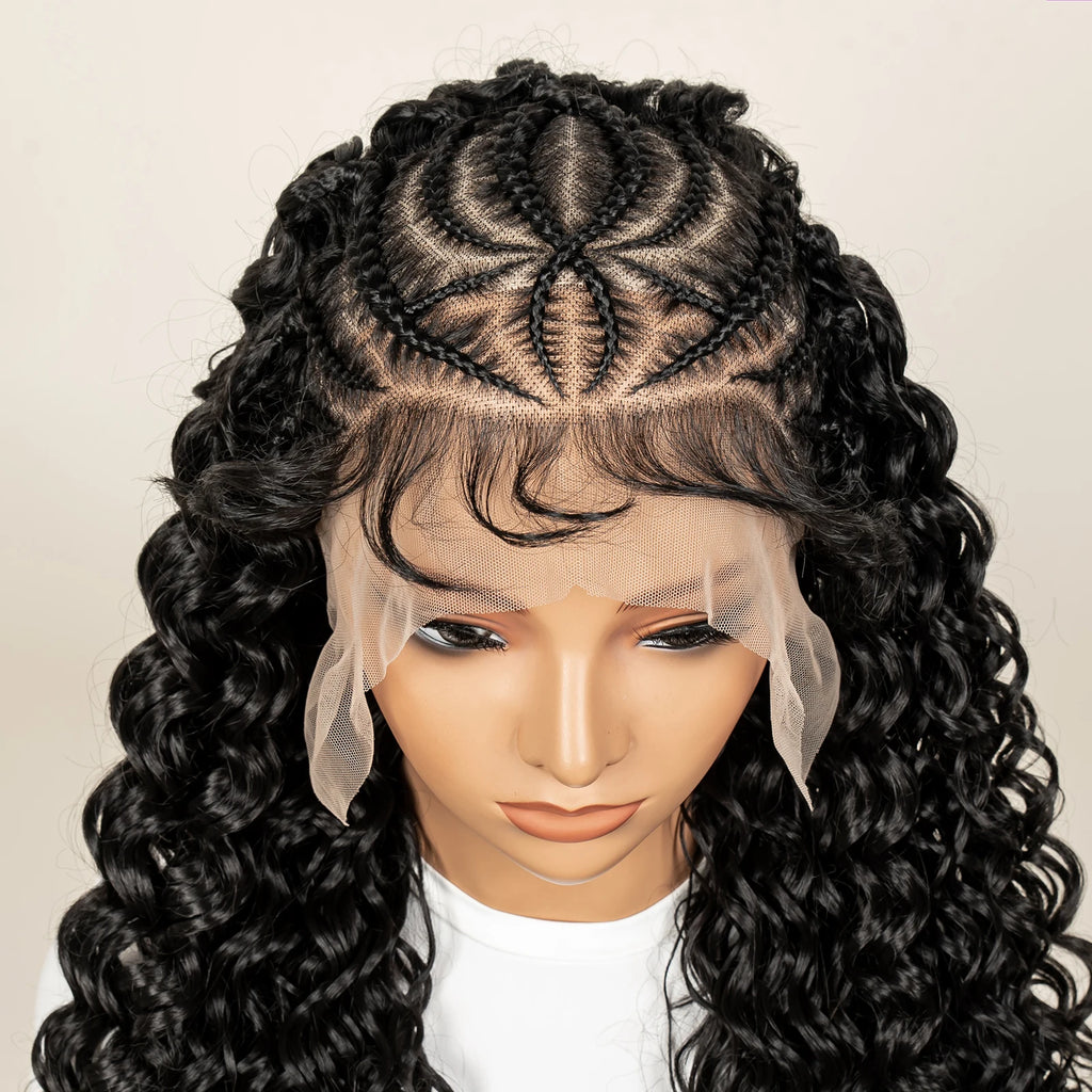 Pre-Styled Deep Wave Braided Wig | Swiss Lace | Baby Hair | Half Cornrow | Women's Braid Wig