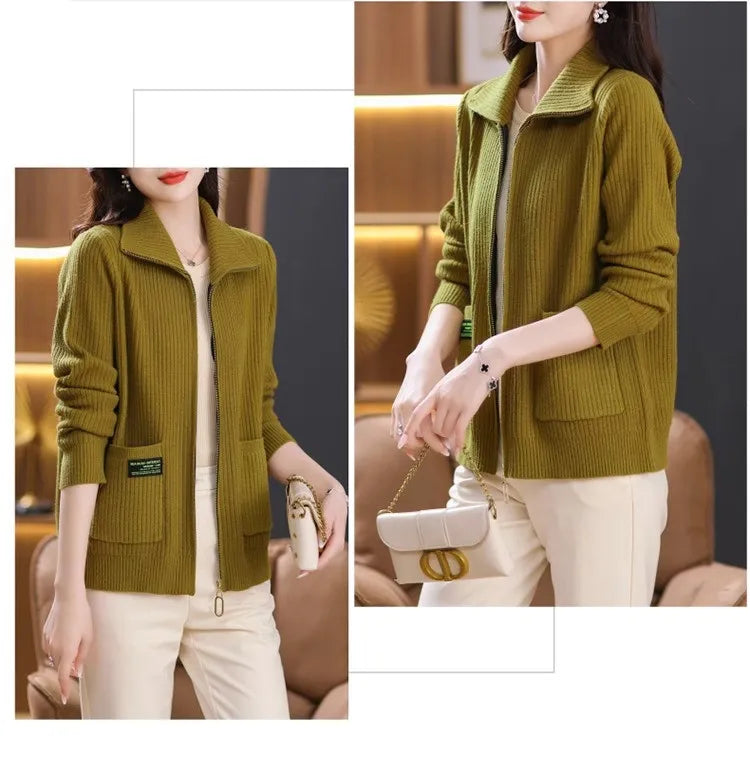 Knitted Cardigan Jacket Women Sweater New Autumn Winter Lapel Zipper Sweater Jacket Loose Solid Outerwear Female Sweatshirt Tops