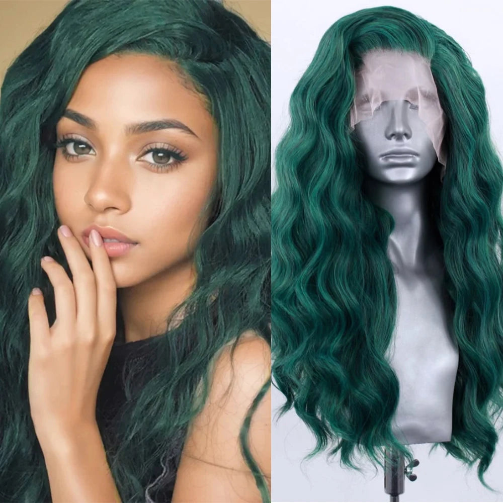 Dark Green Wig Long Curl Wig Synthetic Lace Front Wig Natural Wave Lace Wigs for Women Dailly Use Cosplay Loose Curly Wig Party