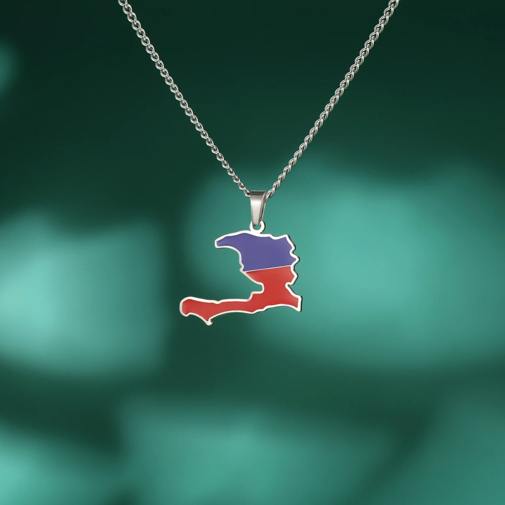Haiti Flag Map Pendant Necklace – Stainless Steel Haitian Pride Jewelry for Men & Women