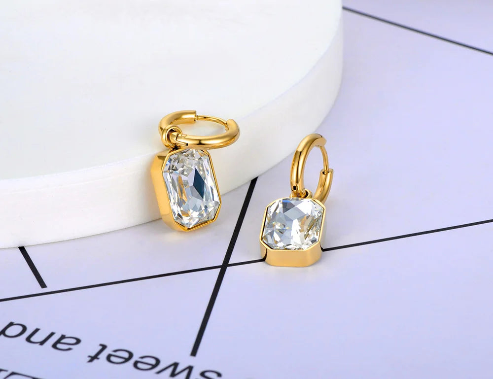 Lokaer Stainless Steel Geometric Square Hoop Earrings Sparkling Cubic Zirconia Crystal Earrings Jewelry For Women серьги E22115