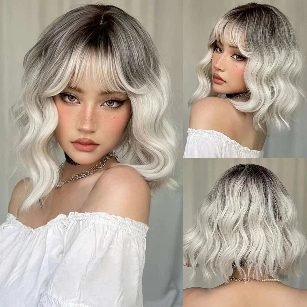 Sky Blue Short Bob Wigs for Women Synthetic Wavy Curly Wigs with Bangs Cosplay Halloween Blue Wig Natural Heat Resistant Hair