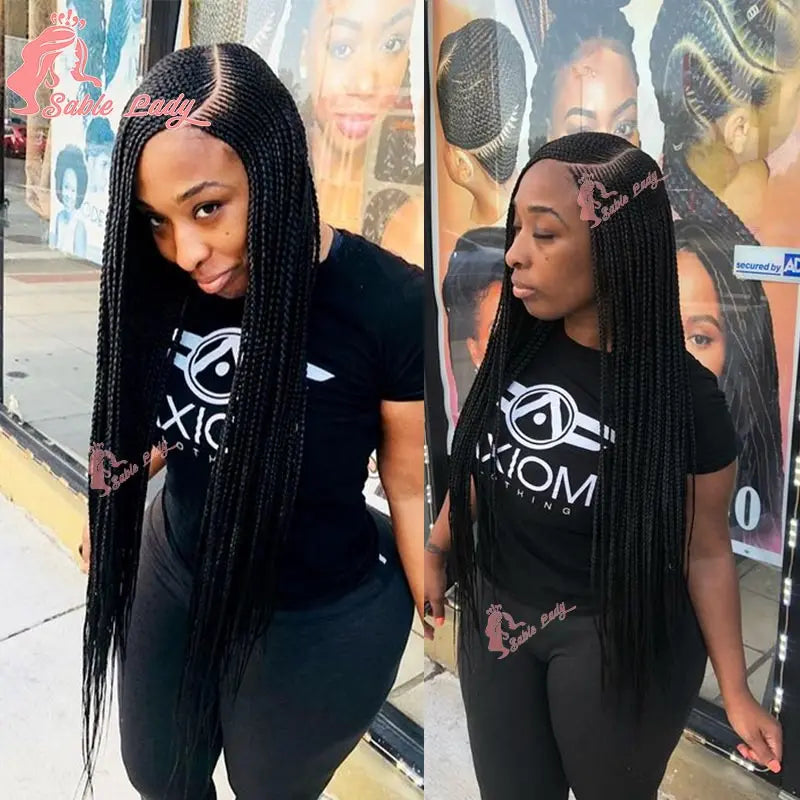 36" Full Lace Cornrow Braided Wigs Synthetic Burgundy Red Knotless Box Braids Wig Godness Side Part Braided Wigs for Black Women