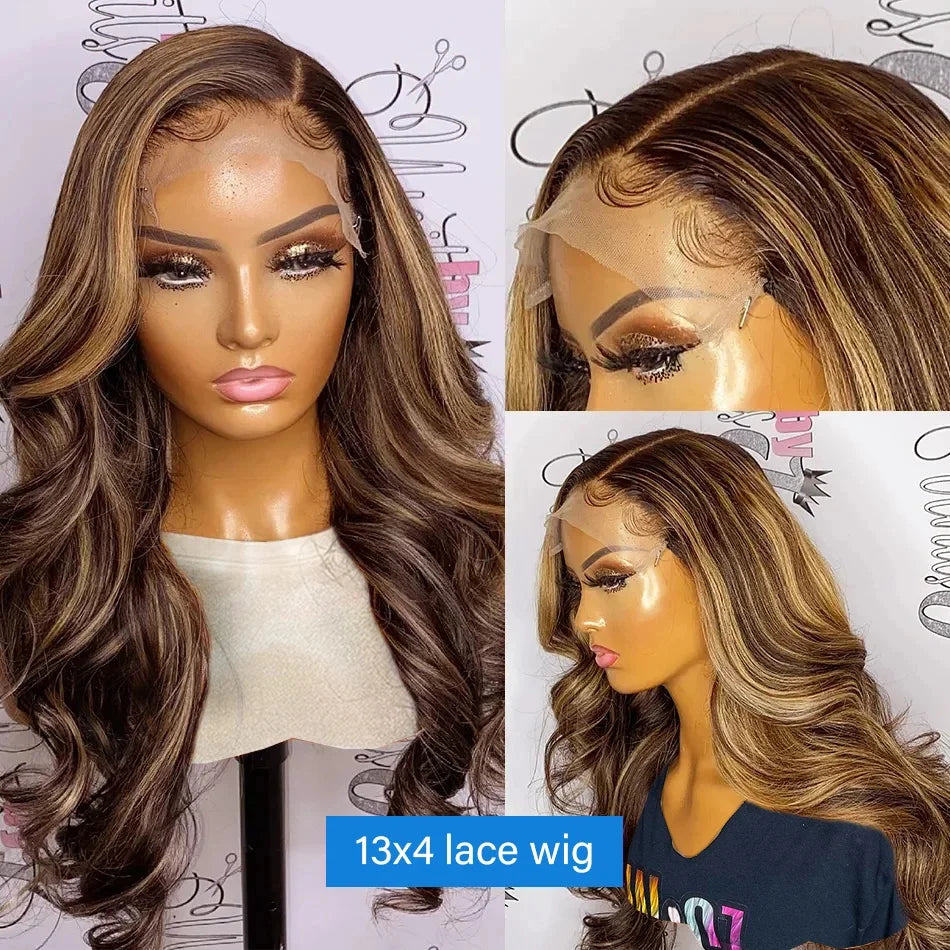 Highlight Body Wave 13x6 Lace Frontal Wig For Women 4/27 Brown Colored 13x4 Transparent Lace Front Human Hair Wig Pre Plucked