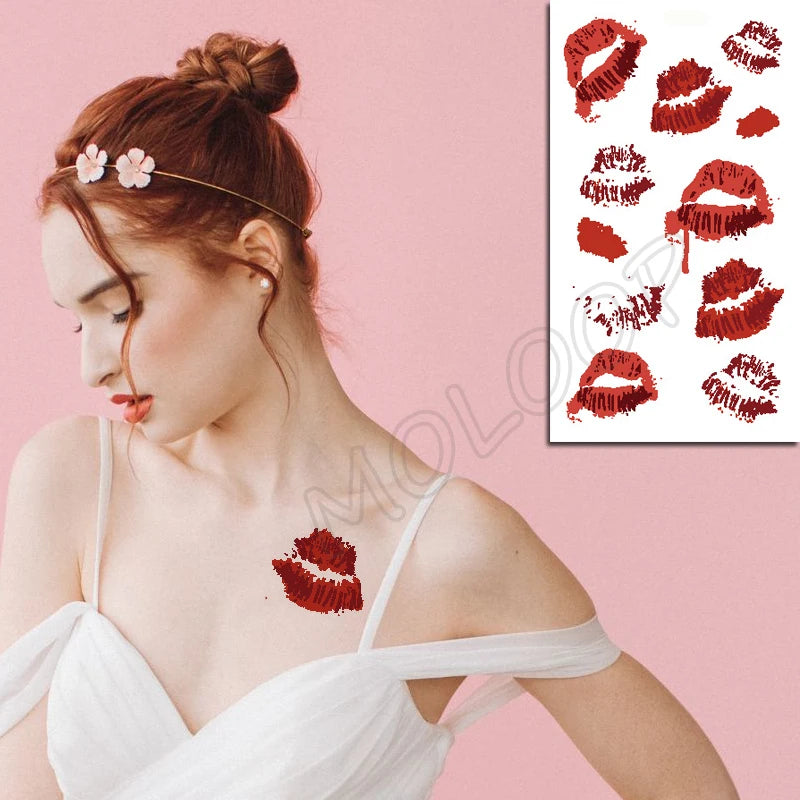 Sexy Red Lips Water Transfer Tattoo – Waterproof Body Art 10.5x6cm