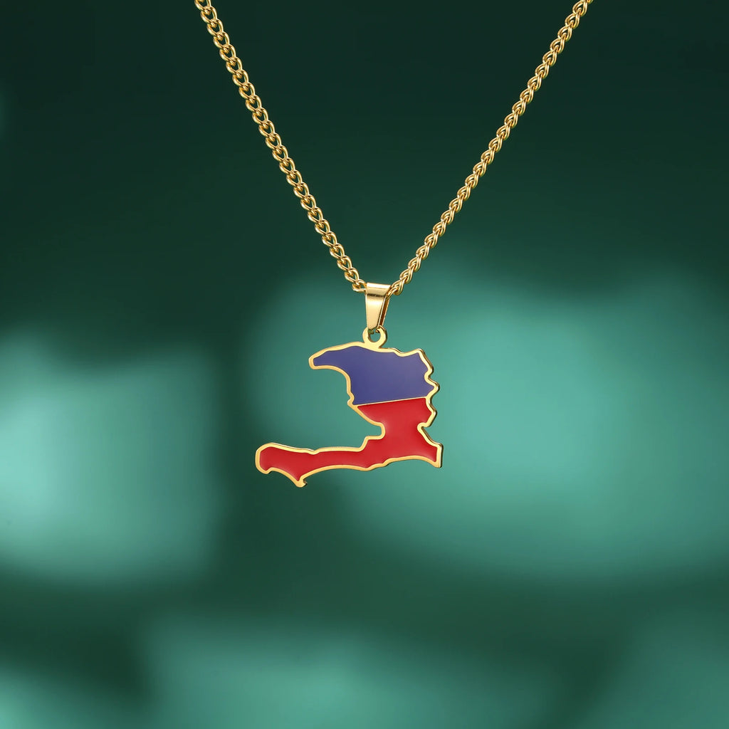 Haiti Flag Map Pendant Necklace – Stainless Steel Haitian Pride Jewelry for Men & Women