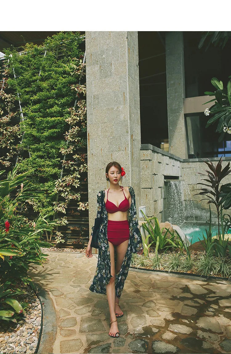 2024 Women's Swimwear Female Swimsuit Red Padded Triangle Bathing Suits Girls Korean High Waisted Bikini Set Beach Wear Swim