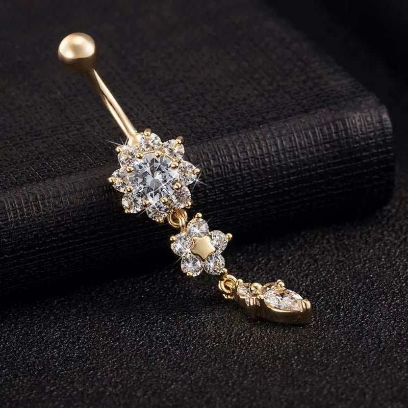 1Pc Stainless Steel Crystal Zircon Belly Button Rings, Piercing Women Navel Fashion Body Jewelries