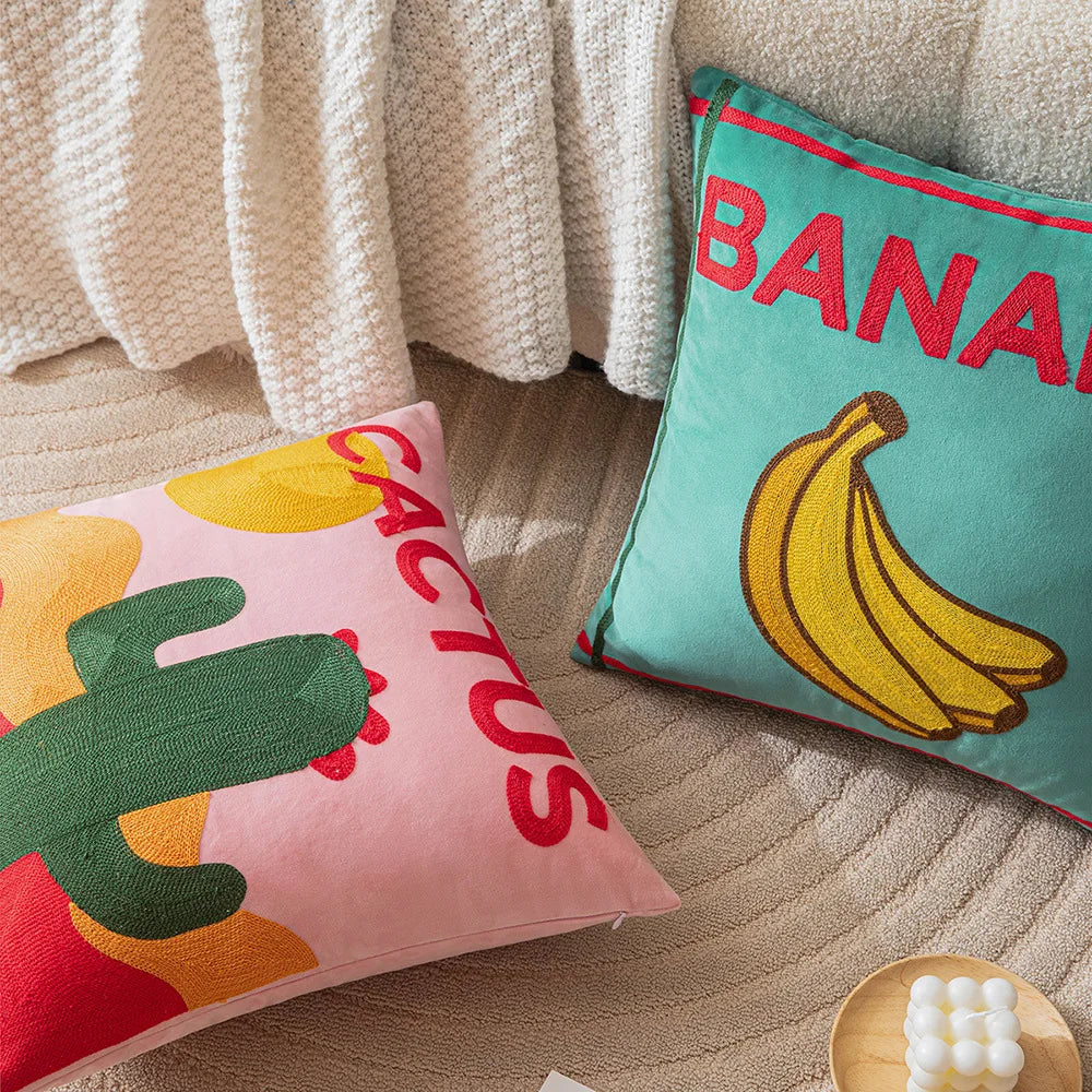 Ins Letter Fruit Embroidered Cushion Cover | 45×45cm Nordic Velvet Pillowcase | Handmade Home Decor