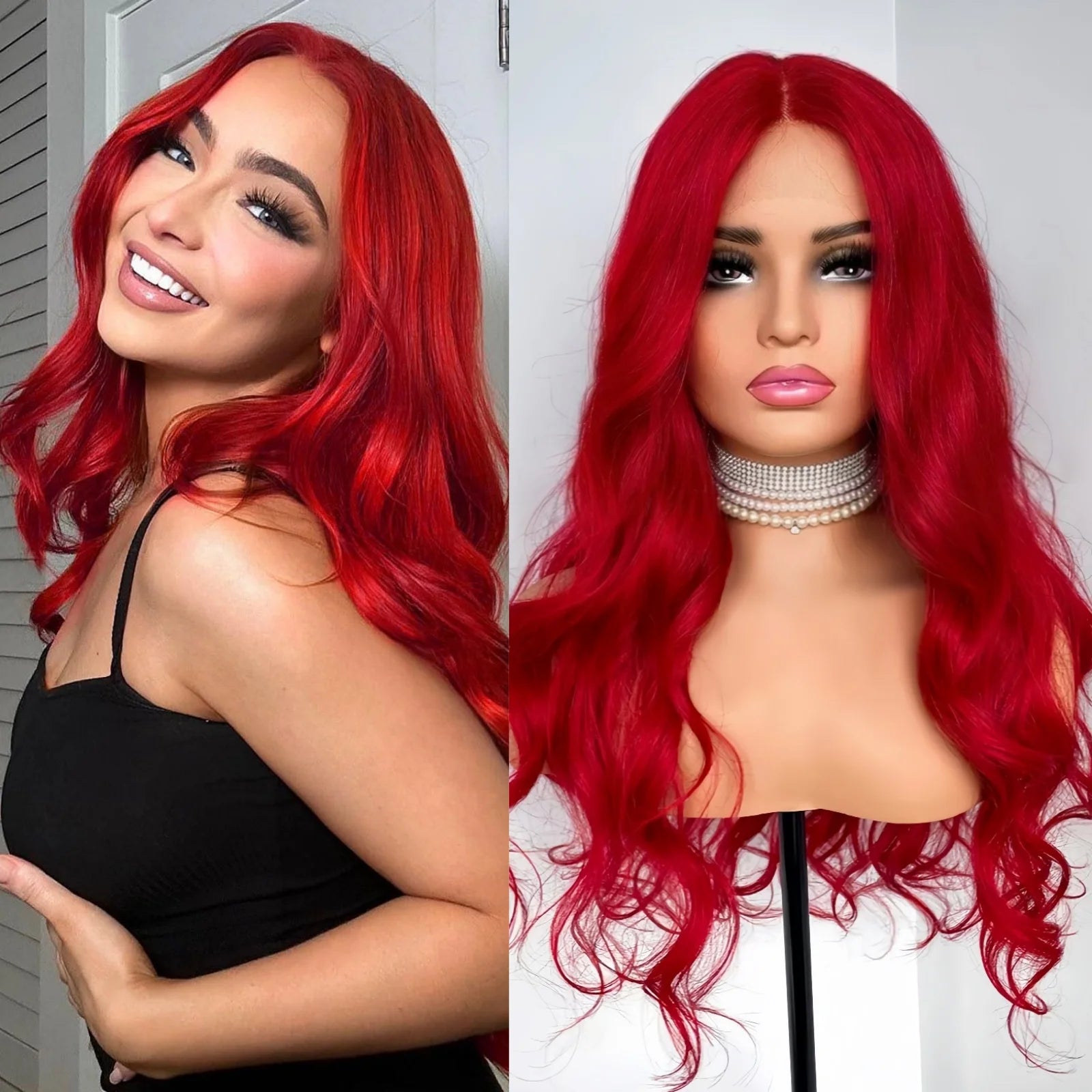 Red Wigs Long Wavy Wig for Women Synthetic Middle Part Natural Curly Body Wave Heat Resistant Fiber Wig for Daily Party Cosplay