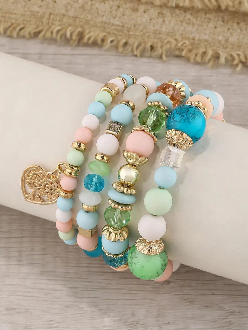 New Acrylic Beads Chain Bracelet Set For Women Tree Of Life Charm Elastic Bangle Female Bohemian Jewelry Accessories