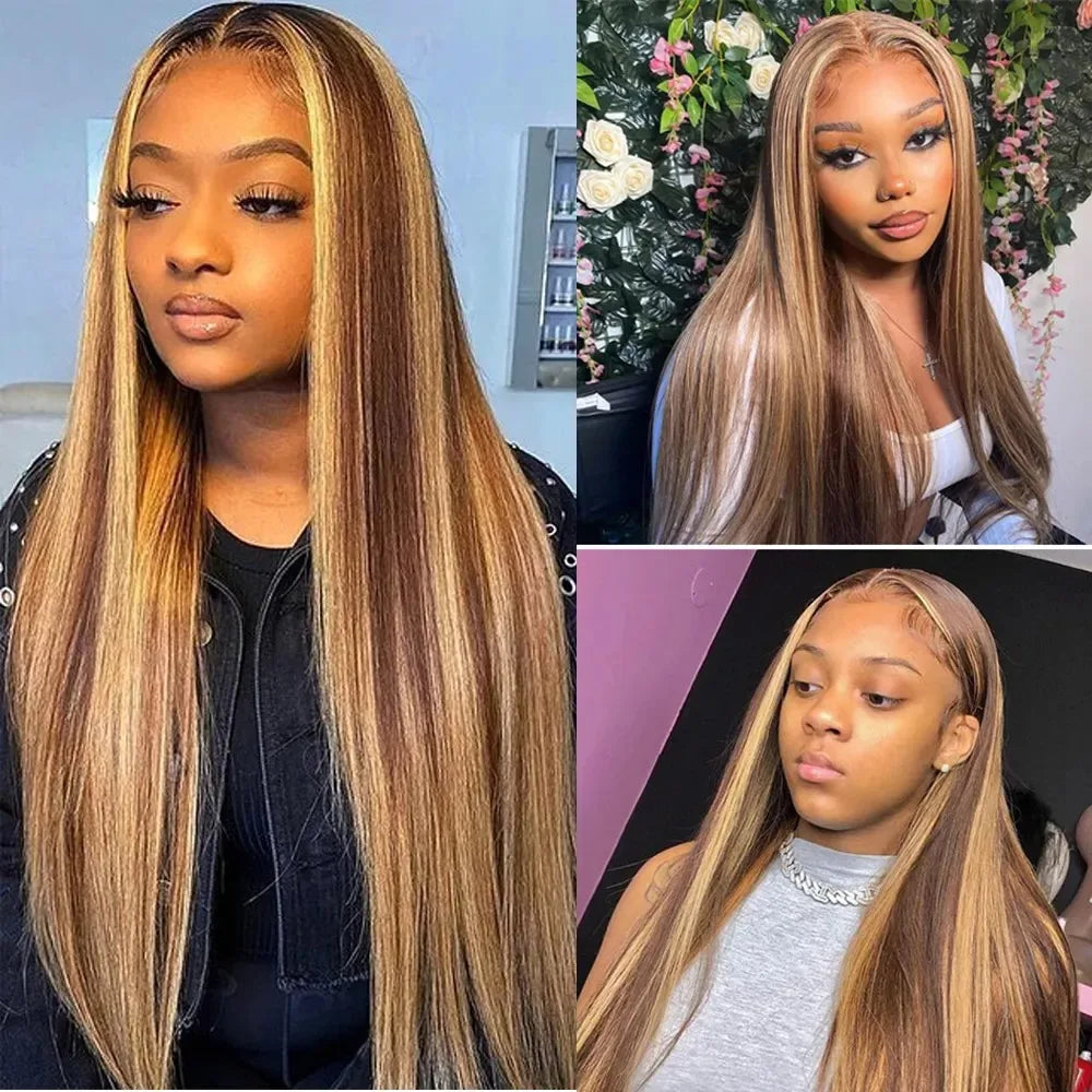 Highlight Colored Straight Lace Front Human Hair Wigs Honey Blonde 13X4 13x6 HD Transparent Lace Frontal Wigs For Black Women