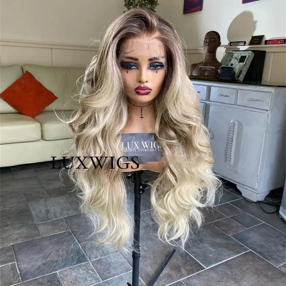 Long Blonde Wig Thick Wavy Blonde Lace Front Wig with Light Brown Roots Balayage Synthetic Fibre Luxury Women Wigs Daily Use