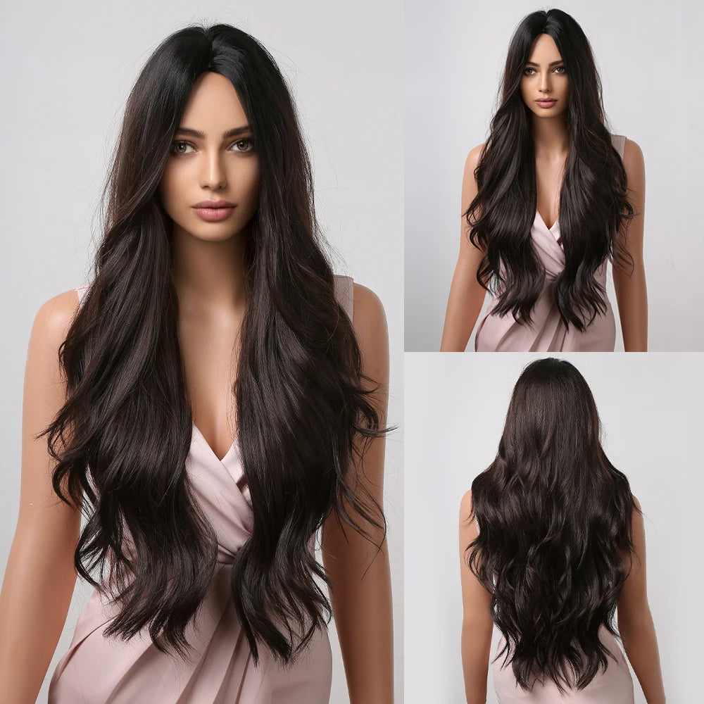 ALAN EATON Long Wavy Synthetic Wigs Ombre Black Pink Wigs for Women Cosplay Natural Middle Part Hair Wig High Temperature Fiber