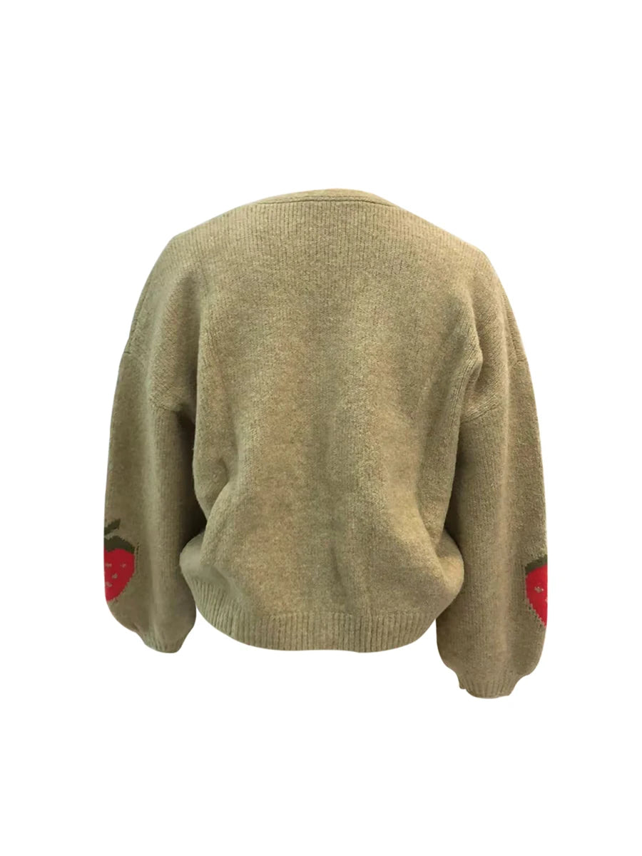 Women's Strawberry Knitted Cardigan – Button Closure Long Sleeve Fall Sweater Jacket