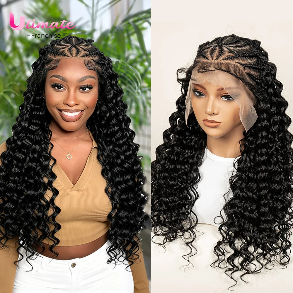 Pre-Styled Deep Wave Braided Wig | Swiss Lace | Baby Hair | Half Cornrow | Women's Braid Wig