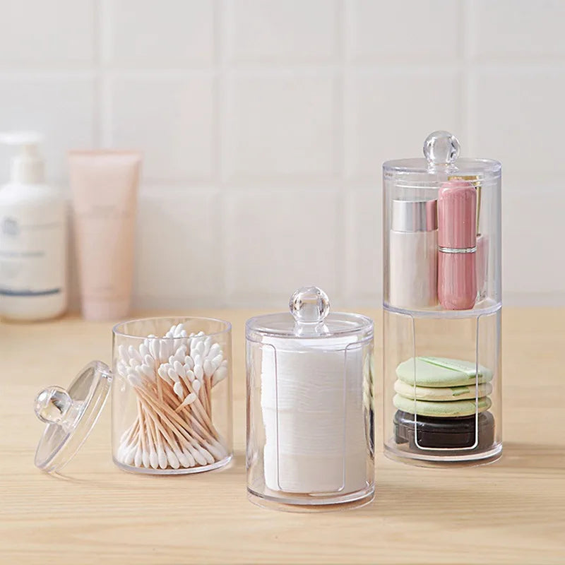 Acrylic Storage Box Bathroom Jar Makeup Organizer Cotton Round Pad Holder Cotton Swab Box Qtip Holder Dispenser with Bamboo Lid